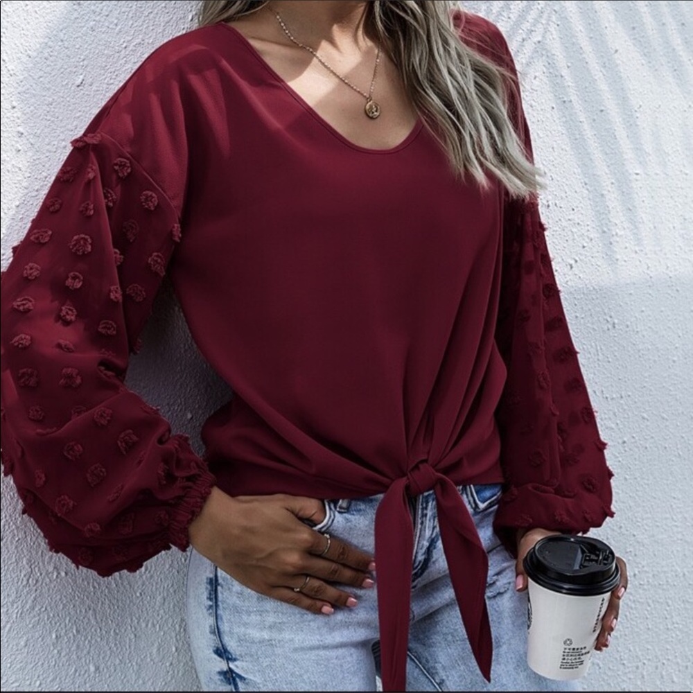 FINAL MARK-DOWN BURGUNDY CONTRAST SLEEVE TOP - Picture 6 of 7